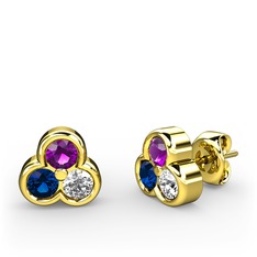 Ametist, lab safir ve swarovski 18 ayar altın küpe