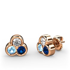 Pırlanta, akuamarin ve lab safir 18 ayar rose altın küpe (0.22 karat)