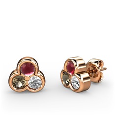 Mini Tria Küpe - Kök yakut, dumanlı kuvars ve swarovski 18 ayar rose altın küpe #bd417z