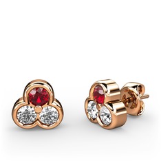Mini Tria Küpe - Garnet, pırlanta ve beyaz zirkon 8 ayar rose altın küpe (0.22 karat) #bk15ig