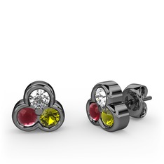 Mini Tria Küpe - Pırlanta, kök yakut ve peridot 925 ayar siyah rodyum kaplama gümüş küpe (0.22 karat) #bwzslk