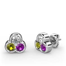 Swarovski, peridot ve ametist 14 ayar beyaz altın küpe