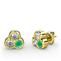 Mini Tria Küpe - Pırlanta, swarovski ve kök zümrüt 18 ayar altın küpe (0.22 karat) #bxi2vl