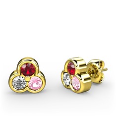 Mini Tria Küpe - Garnet, swarovski ve pembe kuvars 8 ayar altın küpe #bxlw08