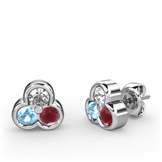 Mini Tria Küpe - Pırlanta, akuamarin ve kök yakut 18 ayar beyaz altın küpe (0.22 karat) #by85yy