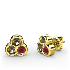 Mini Tria Küpe - Dumanlı kuvars ve kök yakut 18 ayar altın küpe #c0zxfe