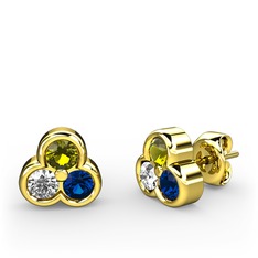 Mini Tria Küpe - Peridot, swarovski ve lab safir 18 ayar altın küpe #c18xz