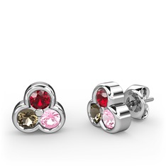 Mini Tria Küpe - Garnet, dumanlı kuvars ve pembe kuvars 14 ayar beyaz altın küpe #c23y0j