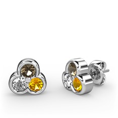 Dumanlı kuvars, swarovski ve sitrin 8 ayar beyaz altın küpe