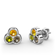 Mini Tria Küpe - Sitrin, peridot ve dumanlı kuvars 18 ayar beyaz altın küpe #c6q4kg