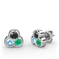 Mini Tria Küpe - Siyah zirkon, akuamarin ve kök zümrüt 18 ayar beyaz altın küpe #c868p