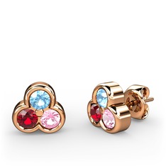 Akuamarin, garnet ve pembe kuvars 18 ayar rose altın küpe