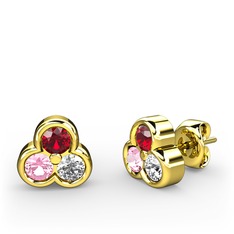 Mini Tria Küpe - Garnet, pembe kuvars ve pırlanta 8 ayar altın küpe (0.22 karat) #cgkkbu