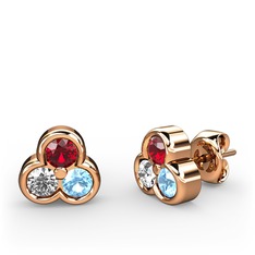 Mini Tria Küpe - Garnet, pırlanta ve akuamarin 18 ayar rose altın küpe (0.22 karat) #cj5zpu