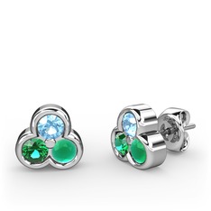 Mini Tria Küpe - Akuamarin, yeşil kuvars ve kök zümrüt 8 ayar beyaz altın küpe #cjf5eq