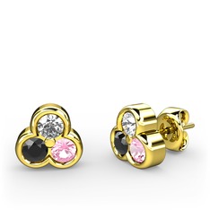 Mini Tria Küpe - Pırlanta, siyah zirkon ve pembe kuvars 925 ayar altın kaplama gümüş küpe (0.22 karat) #ctw9lr