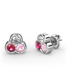 Beyaz zirkon, rodolit garnet ve pembe kuvars 18 ayar beyaz altın küpe