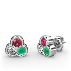 Rodolit garnet, pırlanta ve kök zümrüt 18 ayar beyaz altın küpe (0.22 karat)