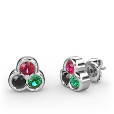 Mini Tria Küpe - Rodolit garnet, siyah zirkon ve yeşil kuvars 14 ayar beyaz altın küpe #d4eqs2