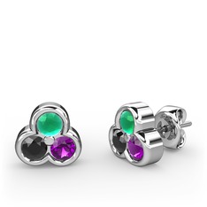 Kök zümrüt, siyah zirkon ve ametist 14 ayar beyaz altın küpe