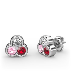 Mini Tria Küpe - Beyaz zirkon, pembe kuvars ve garnet 18 ayar beyaz altın küpe #d8wgph
