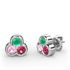Kök zümrüt, pembe kuvars ve rodolit garnet 18 ayar beyaz altın küpe