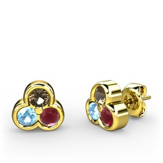 Mini Tria Küpe - Dumanlı kuvars, akuamarin ve kök yakut 14 ayar altın küpe #dh0h7o