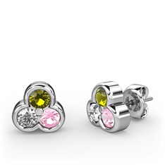 Mini Tria Küpe - Peridot, beyaz zirkon ve pembe kuvars 8 ayar beyaz altın küpe #dqfj1i