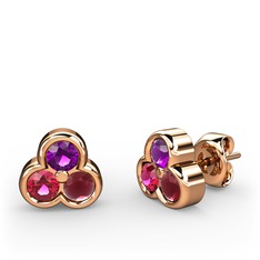 Mini Tria Küpe - Ametist, rodolit garnet ve kök yakut 8 ayar rose altın küpe #dqg295