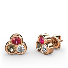 Rodolit garnet, dumanlı kuvars ve beyaz zirkon 18 ayar rose altın küpe