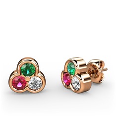 Mini Tria Küpe - Yeşil kuvars, rodolit garnet ve swarovski 8 ayar rose altın küpe #euqv37