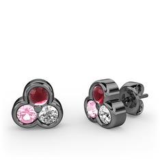 Mini Tria Küpe - Kök yakut, pembe kuvars ve pırlanta 925 ayar siyah rodyum kaplama gümüş küpe (0.22 karat) #ew8ni0