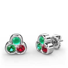 Mini Tria Küpe - Kök zümrüt, yeşil kuvars ve garnet 14 ayar beyaz altın küpe #f46woc