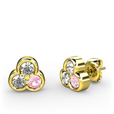Mini Tria Küpe - Swarovski, beyaz zirkon ve pembe kuvars 14 ayar altın küpe #ff3rno