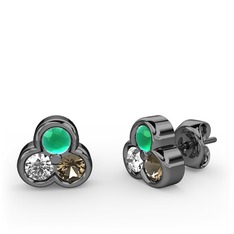 Kök zümrüt, beyaz zirkon ve dumanlı kuvars 925 ayar siyah rodyum kaplama gümüş küpe