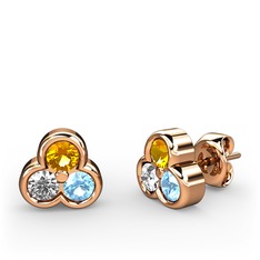 Mini Tria Küpe - Sitrin, pırlanta ve akuamarin 8 ayar rose altın küpe (0.22 karat) #fj7a5m