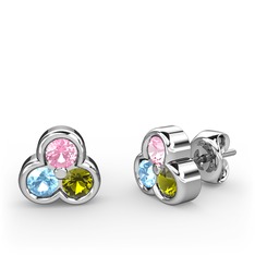 Mini Tria Küpe - Pembe kuvars, akuamarin ve peridot 14 ayar beyaz altın küpe #flcu0y