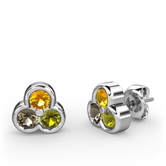 Mini Tria Küpe - Sitrin, dumanlı kuvars ve peridot 14 ayar beyaz altın küpe #fysghf