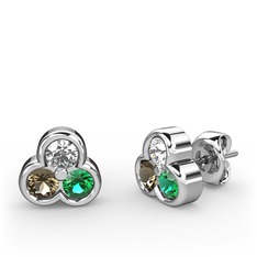 Mini Tria Küpe - Pırlanta, dumanlı kuvars ve yeşil kuvars 18 ayar beyaz altın küpe (0.22 karat) #g6791k