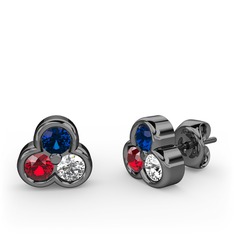 Mini Tria Küpe - Lab safir, garnet ve beyaz zirkon 925 ayar siyah rodyum kaplama gümüş küpe #gd3sms