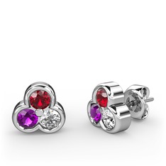 Mini Tria Küpe - Garnet, ametist ve swarovski 18 ayar beyaz altın küpe #gfb2sv