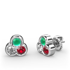 Mini Tria Küpe - Kök zümrüt, pırlanta ve garnet 14 ayar beyaz altın küpe (0.22 karat) #gn1vea