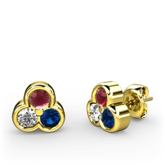 Mini Tria Küpe - Kök yakut, swarovski ve lab safir 18 ayar altın küpe #go5126
