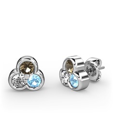 Dumanlı kuvars, swarovski ve akuamarin 8 ayar beyaz altın küpe