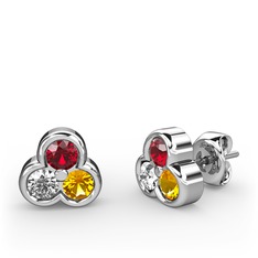 Mini Tria Küpe - Garnet, pırlanta ve sitrin 14 ayar beyaz altın küpe (0.22 karat) #h6fyqr
