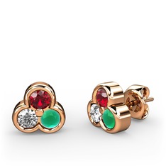 Mini Tria Küpe - Garnet, pırlanta ve kök zümrüt 8 ayar rose altın küpe (0.22 karat) #h7qr28