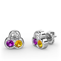 Mini Tria Küpe - Pırlanta, ametist ve sitrin 8 ayar beyaz altın küpe (0.22 karat) #hdlzoh