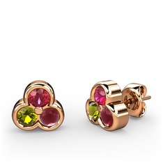 Rodolit garnet, peridot ve kök yakut 18 ayar rose altın küpe
