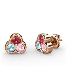 Rodolit garnet, akuamarin ve pembe kuvars 18 ayar rose altın küpe