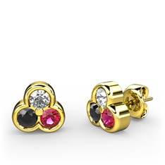 Mini Tria Küpe - Pırlanta, siyah zirkon ve rodolit garnet 18 ayar altın küpe (0.22 karat) #hp91m3
